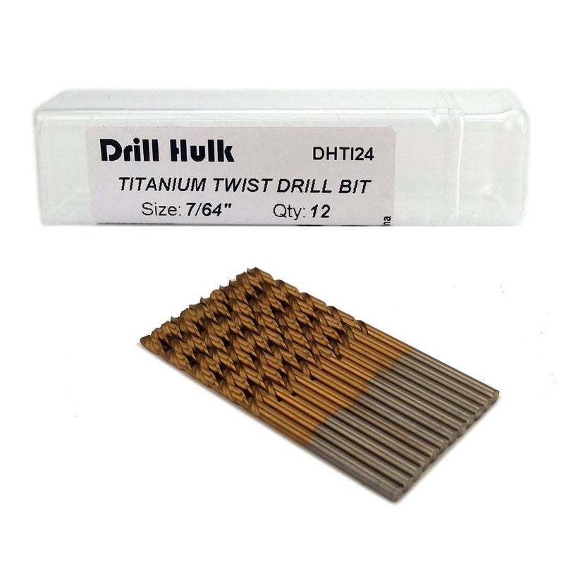 Drill Hulk Pack of 12, 7/64-Inch Titanium Nitride Coated Drill Bit, Premium M2 High Speed Steel, Jobber Length, for Metal, Plastic, Wood - Image 1